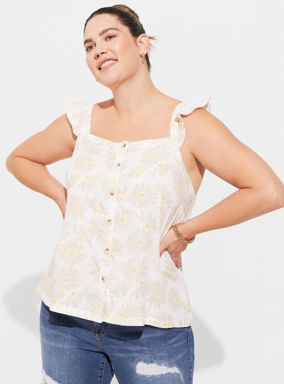 Torrid Duofold Ruffle Button Front Tank. Daisy Daydream, NWT, 1X